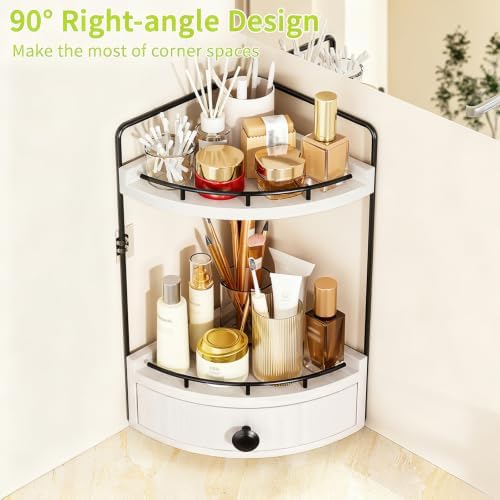 2-Tier Corner Bathroom Counter Organizer with Drawer, White - Image 6