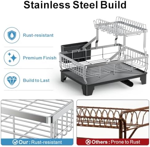 iSPECLE 2 Tier Dish Drying Rack for Kitchen Counter - Large Drainer, Silver - Image 4
