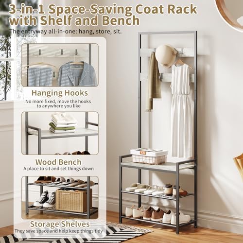 Hall Tree with Shoe Storage Bench - Entryway Bench with Coat Rack and Hooks - 3-in-1 Small Hall Tree for Entry Way, Entrance, Hallway, Doorway, Front Door, Mudroom, Small Space - Greige - Image 4