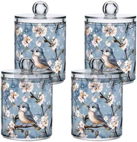 Fustylead 4 Pack Cute Blue Birds on Flowering Tree Of Cherry Qtip Holder Dispensers for Cotton Swab, Ball, Round Pads, Floss, Plastic Apothecary Jar Set for Bathroom Canister Storage by Fustylead