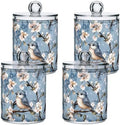 Fustylead 4 Pack Cute Blue Birds on Flowering Tree Of Cherry Qtip Holder Dispensers for Cotton Swab, Ball, Round Pads, Floss, Plastic Apothecary Jar Set for Bathroom Canister Storage by Fustylead