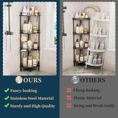 Consumest Corner Shower Caddy Stand - 4 Tier Shower Organizer with Soap Holder, Tall Floor Corner Shelf Standing with Adjustable Feet & 4 Hooks, Storage Rack for Bathroom Black - Image 3