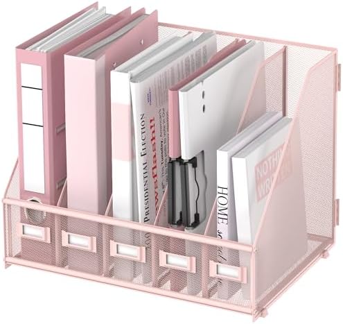 SUPEASY Desk Organizers Metal Desk Magazine File Holder with 5 Vertical Compartments Rack File Organizer for Office Desktop, Classroom, Home Workspace, Pink Plus by SUPEASY