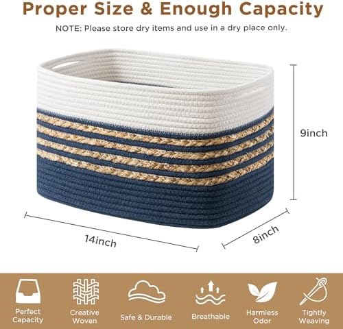 UBBCARE 4 Pack Baskets for Organizing, Woven Storage Baskets for Toys and Towel, Rectangle Cotton Rope Basket with Handles, 14''L x 8''W x9''H, Navy Blue - Image 2