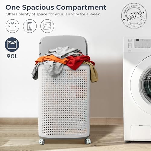 Sufdari 90L Laundry Basket with Wheels, Rolling Laundry Hamper with Lid and Handles, Plastic Rattan Clothes Organizer, Dirty Clothes Basket for Laundry Room, Bedroom, Dormitory Storage - Image 3