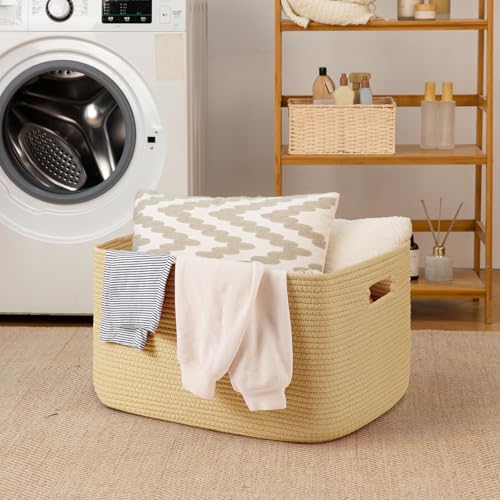 OIAHOMY 75L Large Blanket Basket Woven Storage Basket with Handle Yellow - Image 6