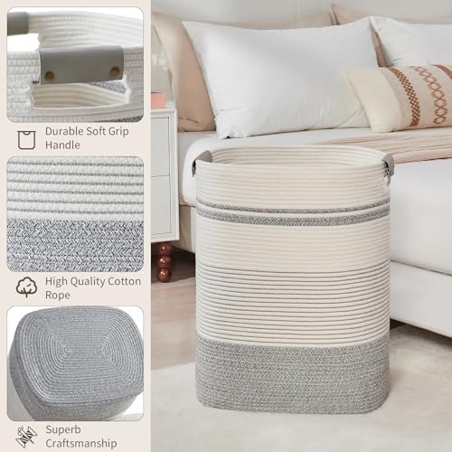Laundry Hamper, 85L Cotton Rope Laundry Basket, Grey & White - Image 2
