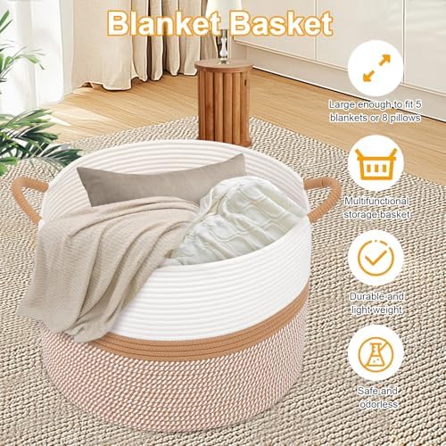Laundry Basket,Laundry Hamper,20''x13''Woven Cotton Rope Blanket Basket in Living Room;Toy storage;Nursery hamper,Pillows,Girls Kids Baby Toy chest,Baskets for storage,Decor (White/Brown) - Image 5