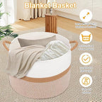 Laundry Basket,Laundry Hamper,20''x13''Woven Cotton Rope Blanket Basket in Living Room;Toy storage;Nursery hamper,Pillows,Girls Kids Baby Toy chest,Baskets for storage,Decor (White/Brown) - Image 5