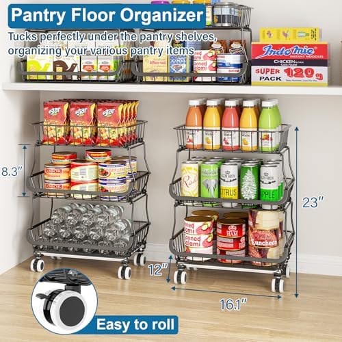 OKZEST 3-Tier Rolling Pantry Floor Organizers and Storage Cart with Wheels - Image 2