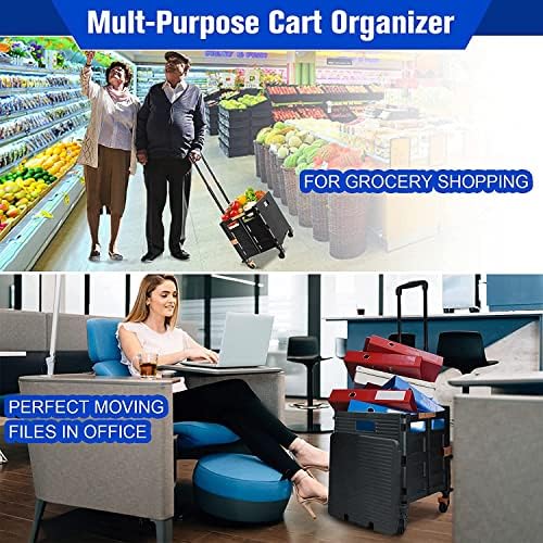 Quick Utility Cart Folding Portable Rolling Crate Handcart with Durable Heavy Duty Plastic Telescoping Handle Collapsible 4 Rotate Wheels for Travel Shopping Moving Luggage Office Use (Black&red lid) - Image 6
