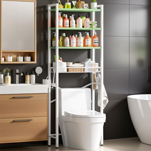 Kalrin Over-The-Toilet Storage Rack, 4-Tier Bathroom Organizer Shelf Over Toilet with Adjustable Shelf and Basket, Freestanding Space Saver Bathroom Shelves Above Toilet for Room (Avocado Green) by Kalrin