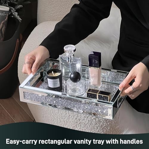 Rectangle Glass Tray with Handles for Dresser, Mirror Makeup Organizer Perfume Display, Crushed Diamond Home Decor Accent for Vanity, Living Room Tables, Silver(12”x7.7”x2”) - Image 2