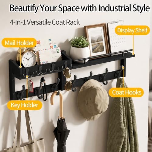29” Coat Rack Wall Mount with Shelf, Coat and Key Hanger with Metal Hooks - Image 3
