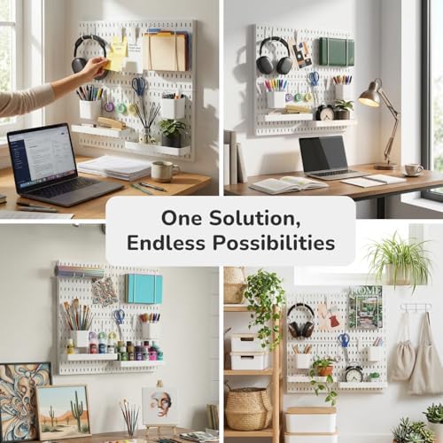 Keepo Peg Board Wall Organizer – Plastic Pegboard Panels, Modular Peg Board Storage System For Home Office, Craft Room, Gaming Setup (White, 22″×22″) - Image 6