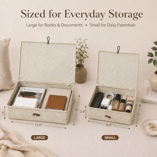 YANGQIHOME Set of 2 Seagrass Baskets with Lids, Rectangular Woven Storage Baskets, Natural Wicker Basket Boxes for Coffee Table, Shelf, Bathroom Counter & Closet Decor (Whitewashed, Set of 2) - Image 2