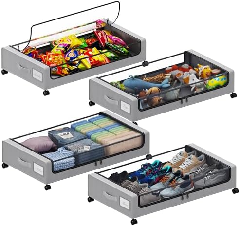 Tututry Under Bed Storage with Wheels, XXL 60L Under the Bed Storage Bins, Underbed Storage Containers with Lids & Label, Rolling Metal Drawer for Shoes, Clothes, Books, Toys (4-Pack Gray) by Tututry