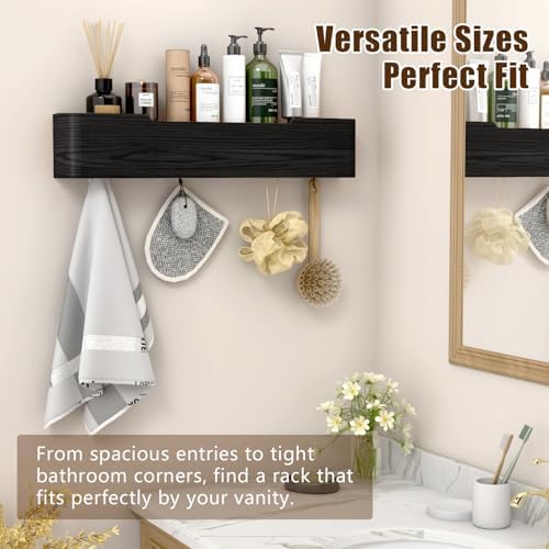 Coat Rack Wall Mount with Hidden Hooks, Wall Hooks with Shelf, Wall Key Holder Mount Wooden Shelf Entryway Hooks for Bedroom Bathroom for Hanging Coats Hats Bags Towels (Black, 5 Hooks) - Image 4