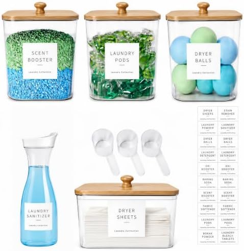 4+1 Pack Laundry Pods Containers & Dryer Sheet Holder & Laundry Detergent Dispenser, Laundry Room Organization and Storage Jars with Lids, Labels and Scoops for Scent Booster, Powder, Pods by Unknown