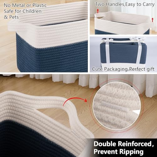 OIAHOMY Cotton Rope Storage Baskets for Organizing Blue & White 3-Pack - Image 4