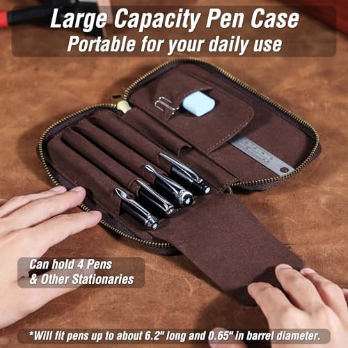 Top Grain Genuine Leather 4 Fountain Pen/Pencil Case Pouch, Handmade Minimalist Design, Zipper Closure with Multi-Function & Slots, Gift Choice for Man/Woman/Office, Matte Coffee, 4 Slots - Image 3