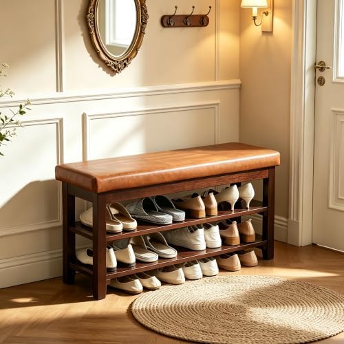 40" Shoe Bench with Leather Cushion, Upholstered Entryway Bench, Light Brown - Image 3