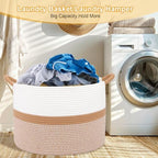 Laundry Basket,Laundry Hamper,20''x13''Woven Cotton Rope Blanket Basket in Living Room;Toy storage;Nursery hamper,Pillows,Girls Kids Baby Toy chest,Baskets for storage,Decor (White/Brown) - Image 4