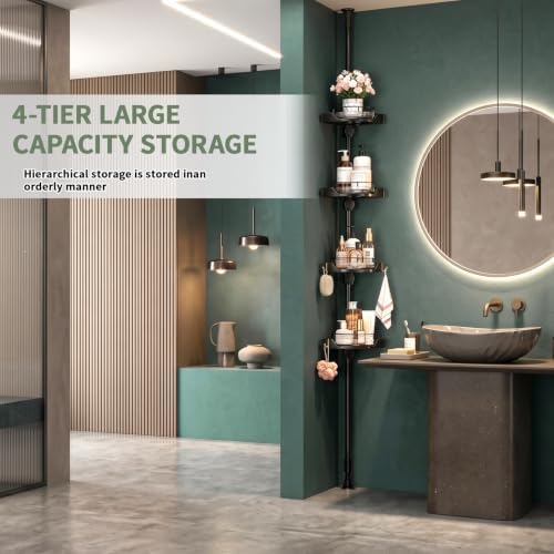 360° Rotating Tension Pole Caddy – 4-Tier Corner Shower Organizer, Height Adjustable 33"–124", Space-Saving for Bathroom, Kitchen Counter, Cabinet Gaps & Bathtub (black) - Image 3