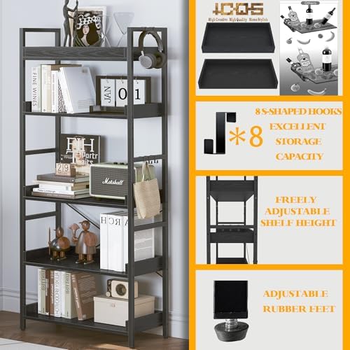 HCHQHS 5 Tier Bookshelf, Adjustable Industrial Bookcase, Vertical Tall Book Shelf, Wood and Black Metal Open Bookshelves for Home Office, Living Room, Bedroom - Image 5