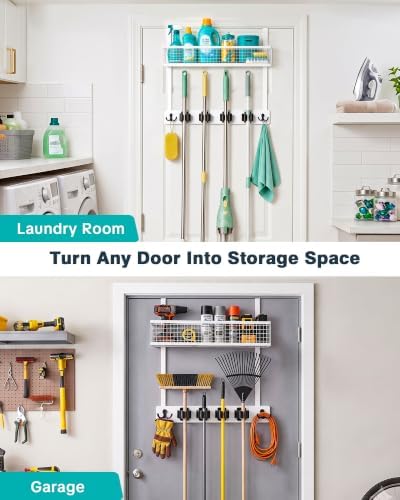 BS-VOG Over the Door Broom Holder with Basket, Wooden Mop & Broom Organizer - Image 6
