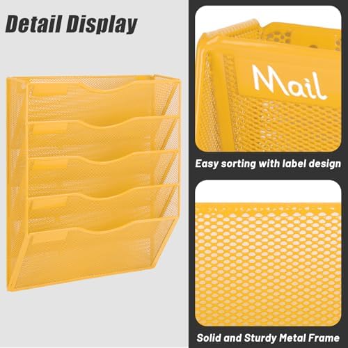 EASEPRES 5 Pocket Mesh Hanging Wall File Organizer, Wall Mounted Mail Paper Document Folder Holder, Clipboard Storage Organization Magazine Rack with Nametag Label for Office Home School, Yellow - Image 4