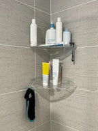 JiePai Acrylic Corner Shower Caddy Shelf with Hooks 4 Pack, Adhesive Wall Mounted Bathroom Shower Organizer for Inside Shower & Kitchen Storage, Space-Saving Design - Image 4