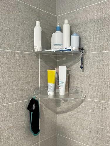 JiePai Acrylic Corner Shower Caddy Shelf with Hooks 4 Pack, Adhesive Wall Mounted Bathroom Shower Organizer for Inside Shower & Kitchen Storage, Space-Saving Design - Image 4