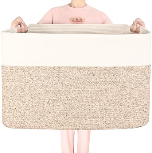 MINTWOOD Design 112L Extra Large Blanket Basket Holder Living Room, 25"x17"x16" Rectangle Rope Woven Storage Basket with Handles for Laundry, Pool Towels, Shoes, Dog Toy Organizer Bin Box, Light Brown by MINTWOODDesign