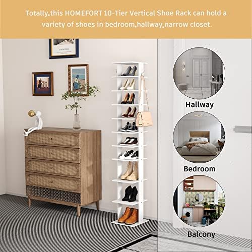 HOMEFORT 10-Tier Vertical Shoe Rack, Corner Shoe Tower, Slim Shoe Organizer with Two Hanging Hooks, Wooden Shoe Storage Stand for Entryway, Hallway, Closet (White) - Image 4