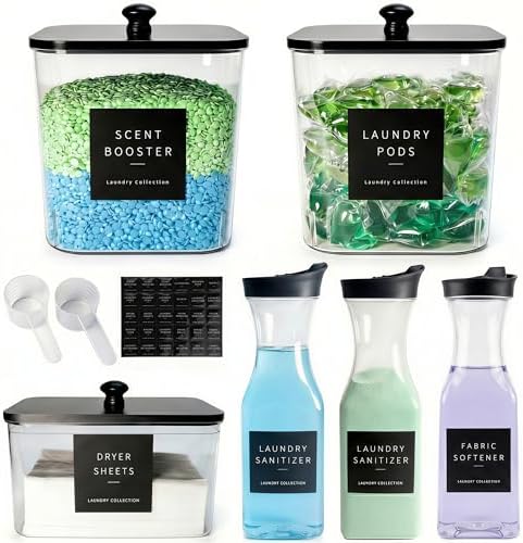 3+3 Pack Laundry Pods Containers & Dryer Sheet Holder & Laundry Detergent Dispenser, Laundry Room Organization and Storage Jars with Lids, Labels and Scoops for Scent Booster, Powder, Pods by Unknown