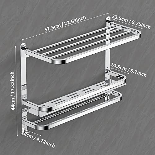 CAXIMSY Towel Rack with Shelf, 22.63" Bathroom Shelf with Double Towel Bars Stainless Steel, Wall Mounted, Foldable Top, 2 Hooks, Adhesive/Screw Install, Space-Saving for Small Bathrooms & Apartments - Image 2