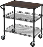 Finnhomy 3 Tier Heavy Duty Commercial Grade Utility Cart with Wood Top, Wire Rolling Cart with Wheels and Handle Bar, Kitchen Carts on Wheels, Metal Cart with 600 LBS Capacity, Black by Finnhomy