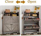 Wodeer Shoe Storage Cabinet with 2 Flip Drawers, Narrow Wood Shoe Cabinet Storage for Entryway with Metal Legs & Hooks, Adjustable Shelves, Freestanding Shoe Rack Organizer for Foyer, Hallway, Grey - Image 5