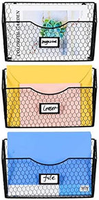 PAG-Mass 3 Pockets Hanging File Holder Wall Mount Mail Organizer Metal Chicken Wire Magazine Rack with Tag Slot, Black by PAG