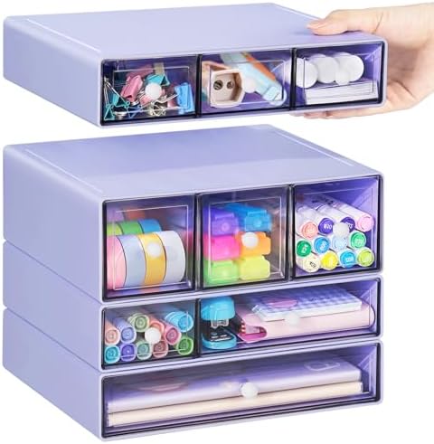 Desk Storage Organizer with 9 Drawers, 4 Tiers Stackable Desktop Craft Storage Drawers, Clear Storage Box Caddy for Stationary Makeup Jewelry Office Craft Supplies (Purple) by FODIENS