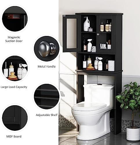 Over The Toilet Storage Cabinet for Bathroom, Storage Organizer Over Toilet with Glass Doors, Space Saver for Living Room, Black - Image 6