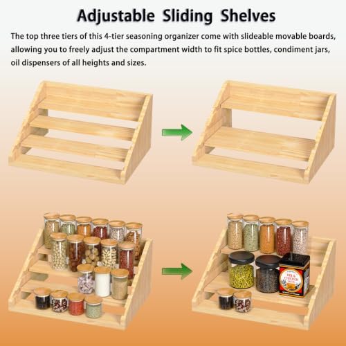 Solid Wood Spice Rack Organizer for Countertop & Cabinet, 4 Tier Adjustable Wooden Spice Shelf with Sliding Track, Premium Step Seasoning Bottle Holder for Kitchen, Pantry, Office, Natural Wood Color - Image 5
