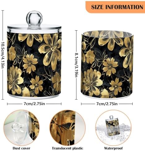 Fustylead 4 Pack Black and Gold Floral Qtip Holder Dispensers for Cotton Swab, Ball, Round Pads, Floss, Plastic Apothecary Jar Set for Bathroom Canister Storage - Image 2