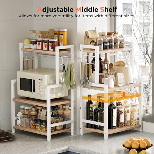 Kitchen Countertop Organizer, 3 Tier Large Spice Rack Organizer with Adjustable Shelf and 5 Hooks, Wooden Counter Organizer, Countertop Shelf Microwave Stand for Kitchen Coffee Bar, Light Coffee - Image 2