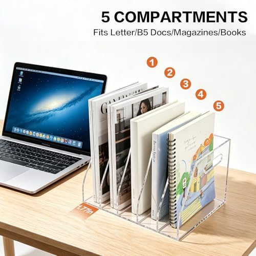 Acrylic Magazine File Holder with Carrying Handle, 5 Vertical Compartments Desk File Organizer, Clear File Sorter for Office, Magazines, Books, B5 Size - Image 4