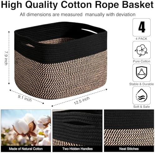 ICERZCZ Storage Baskets for Shelves Organizing, Woven Cotton Rope Baskets for Storage, Book Basket, Decorative Shelf Basket, 12.5"Lx9.1''Wx7.9''H (4 Packs) Black & Jute - Image 3