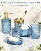 Blue Bathroom Accessories 5 Pcs, Glass Bathroom Accessory Set, Vintage Blue Bathroom Set, Soap Dispenser and Toothbrush Holder Set, Qtip Holder, Bathroom Sets Complete, Modern Bathroom Decor - Image 5