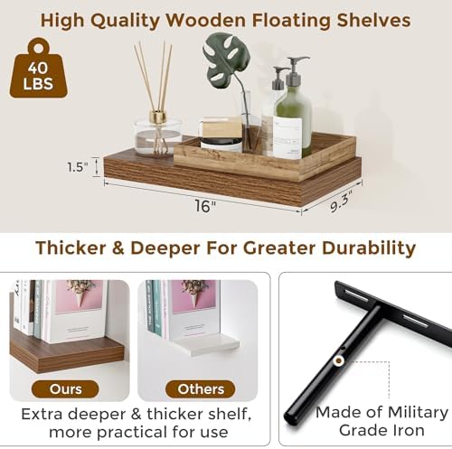 16 in Floating Shelves for Wall, Walnut Wooden Shelves Set of 2 - Image 3