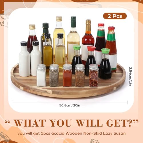 2 Pcs 20'' Wood Lazy Susan for Countertop Acacia Large Turntable Rotating Serving Tray for Table Top Non Skid Kitchen Tray Revolving Condiment Spice Rack Table Organization Storage, Natural - Image 2